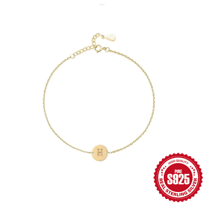 New S925 Sterling Silver Round Plate Engraved 26 Letters Daily Wear Bracelet for Women Hot-Selling Classic Jewelry