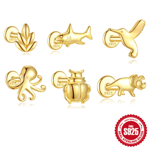 New S925 Sterling Silver Animal Series Ear Jewelry Fashion Cute Mini Ocean Flat Head Threaded Piercing Ear Bone Stud
