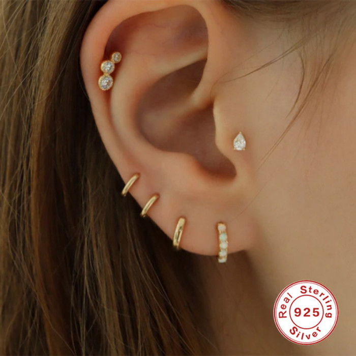 S925 Sterling Silver Water Drop Diamond-Studded Piercing Stud Earrings European and American Simple INS Flat Head Threaded Piercing Cartilage Stud Earrings