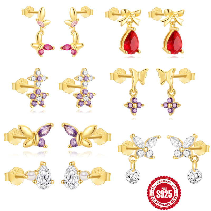 S925 Sterling Silver Geometric Smooth Butterfly Inlaid Diamond Stud Earrings Korean Version Niche Design Sense Elegant Versatile Earrings for Women