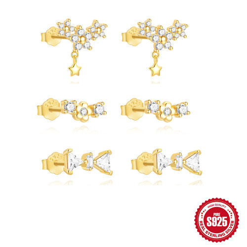S925 Sterling Silver Five-Pointed Star Pendant Five-Petal Flower Earrings Korean Style Niche Design Sense Inlaid Diamond Elegant Earrings for Women