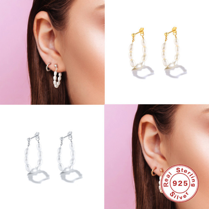 S925 Sterling Silver Socialite Pearl Hoop Earrings Stud Earrings Korean and Japanese INS Dongdaemun Light Luxury Niche High-end Earrings