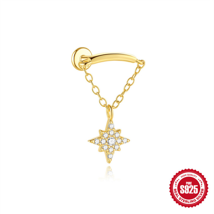 New S925 Sterling Silver Diamond-Studded Tassel Chain Flat Head Threaded Piercing Ear Bone Stud European and American Fashion Bowknot Earrings