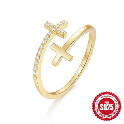 S925 Sterling Silver Inlaid Zircon Double Layer Cross Ring Korean Style High-end Elegant Joint Ring Simple Inlaid Diamond Index Finger Ring