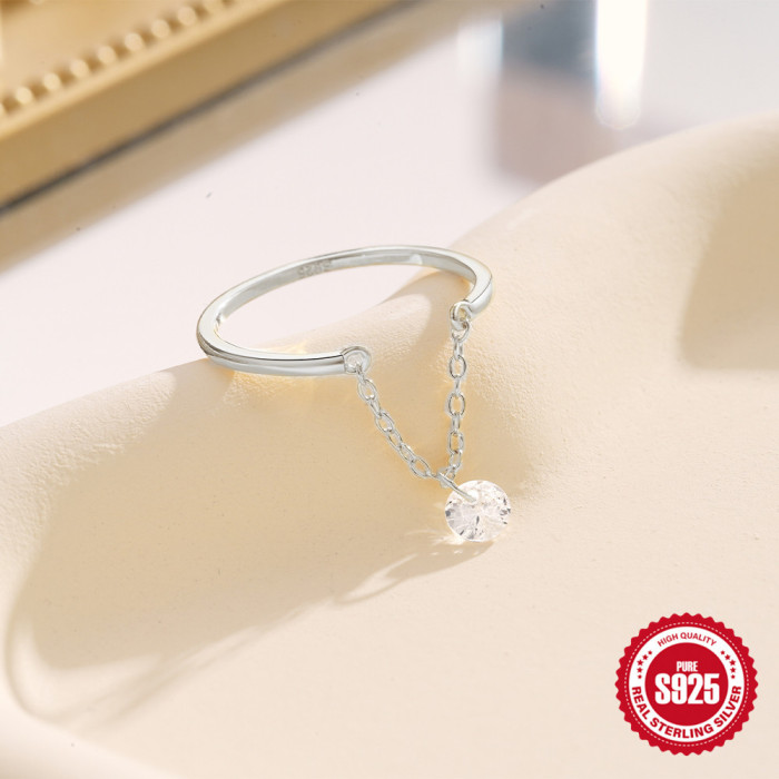 S925 Sterling Silver Chain Open Adjustable Single Diamond-Studded Index Finger Ring European and American Fashion Simple Versatile Elegant Ring
