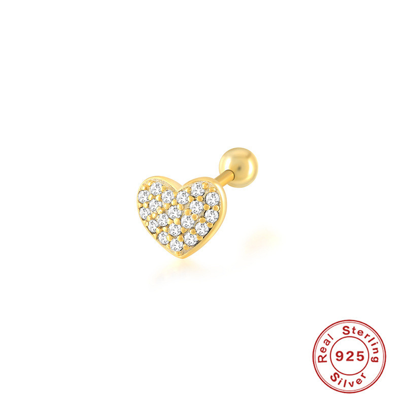 S925 Sterling Silver Heart-Shaped Full Diamond Threaded Piercing Stud Earrings European and American Hot Selling Light Luxury Ins Style Piercing Ear Bone Stud Earrings