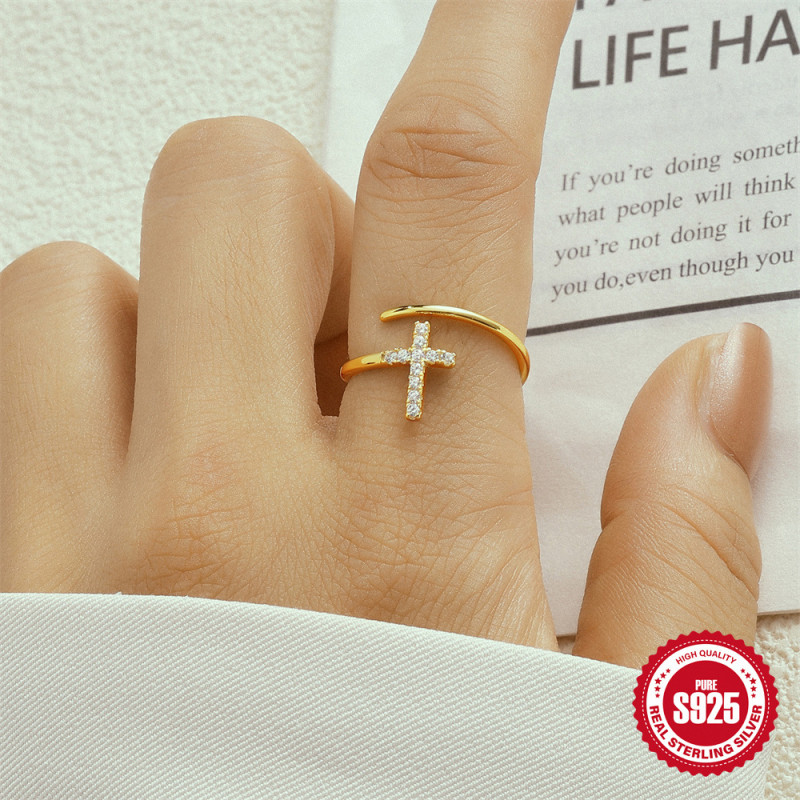 S925 Sterling Silver Fashion Classic Cross Crescent Diamond Inlaid Open Ring Niche Design Open Ring Tail Ring for Women
