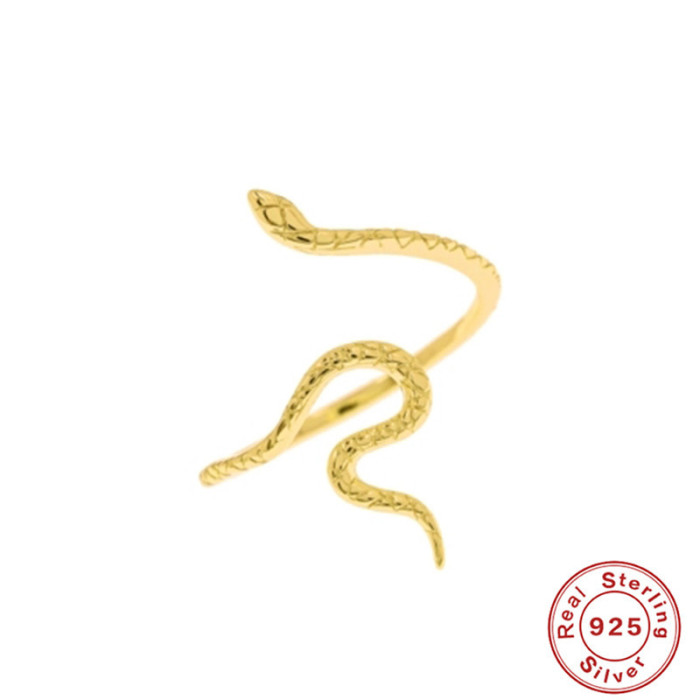 S925 Sterling Silver Fun Smooth Snake Index Finger Ring Ins Simple Personality Snake Pattern Trendy 18K Gold Open Ring