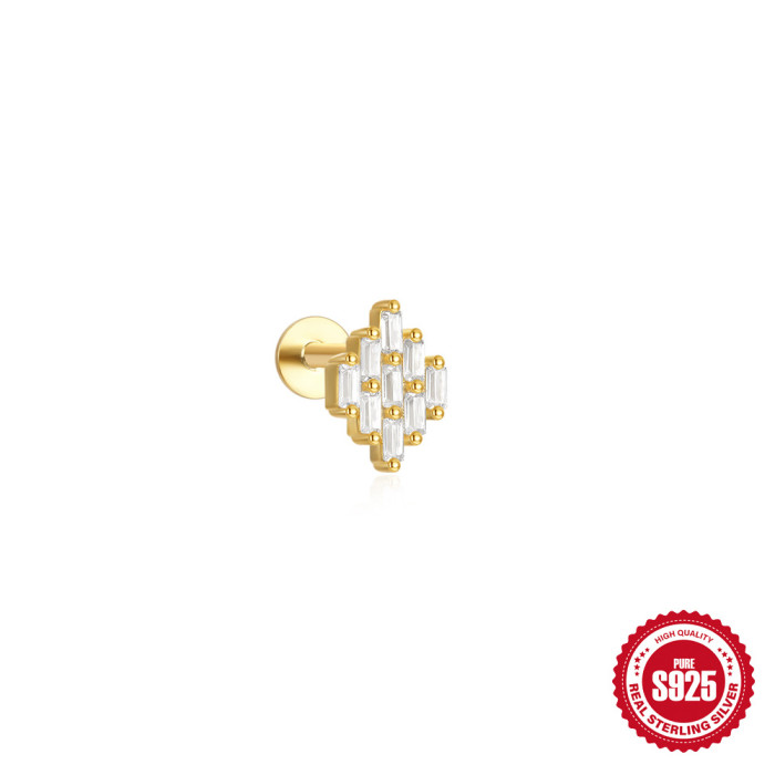 S925 Sterling Silver Geometric Square Cluster Diamond Flat Head Threaded Cartilage Piercing Earrings for Women European and American Hot Selling Ear Bone Studs