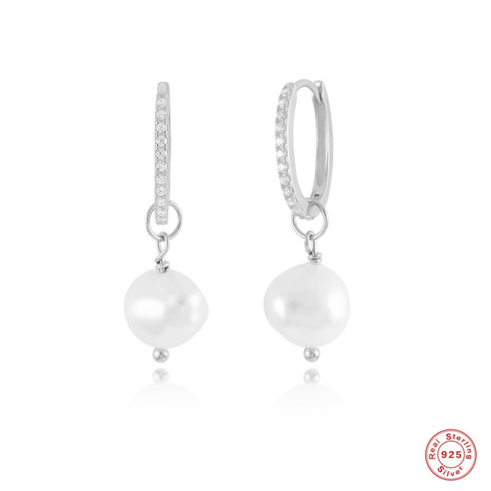 S925 Sterling Silver Baroque Irregular Pearl Inlaid Diamond Hoop Earrings TikTok Same Style Elegant Exquisite Ear Jewelry