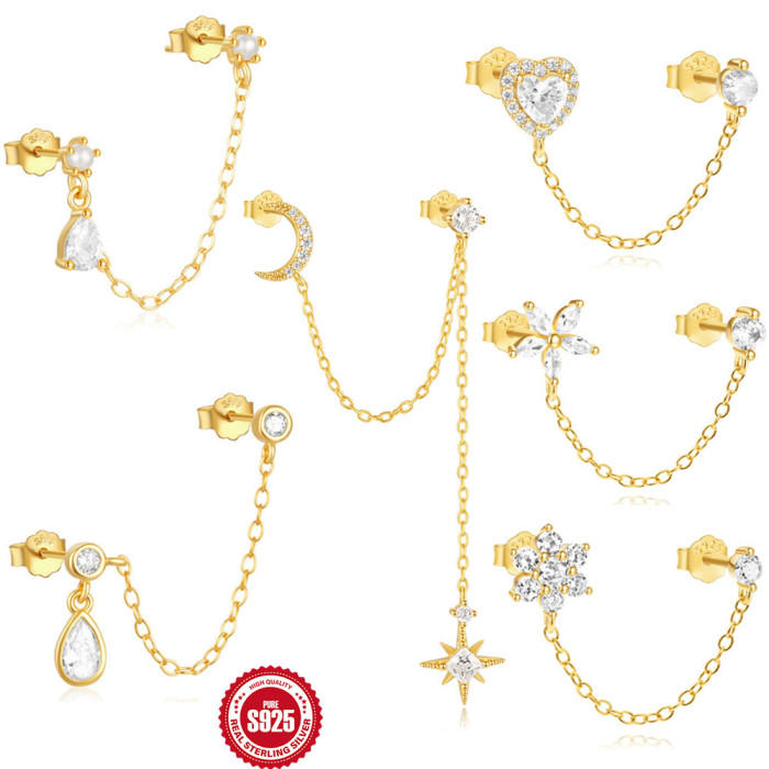 S925 Sterling Silver Eight-Pointed Star Tassel Moon Water Drop Heart Stone-Studded Earrings Hot-Selling Chain Style Earrings