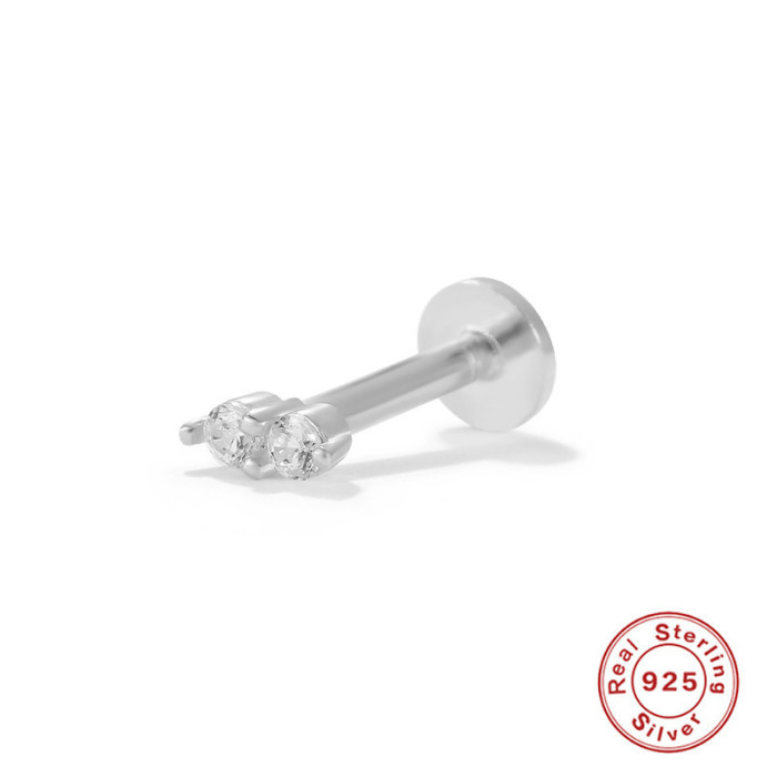 S925 Sterling Silver Two Diamond-Studded Flat Head Threaded Stud Earrings European and American Personality Trend Body Piercing Cartilage Stud Earrings