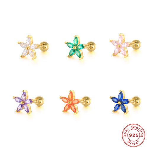 S925 Sterling Silver Elegant Five-Petal Flower Colorful Inlaid Diamond Piercing Threaded Earrings European and American Hot-Selling Ear Bone Studs Ear Jewelry