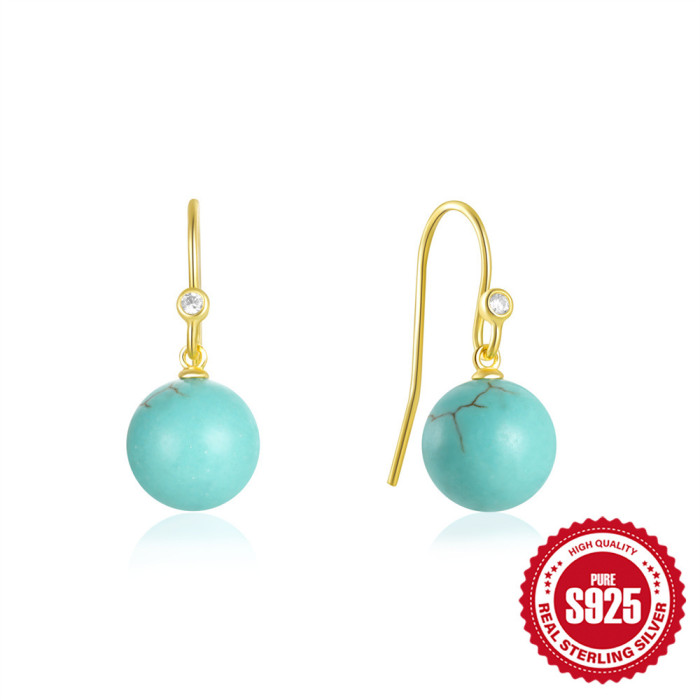 925 Sterling Silver Diamond-Studded Light Luxury Niche Luxury Turquoise Earrings Ear Hooks Ear Jewelry European and American Hot-Selling French Style Accessories