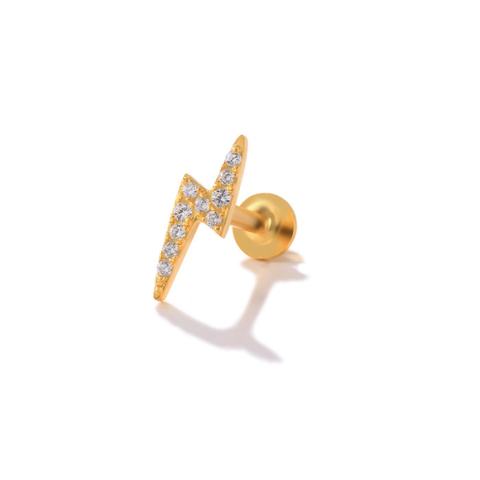 S925 Sterling Silver Lightning Inlaid Diamond Flat Head Threaded Piercing Cartilage Earrings European and American Hot Selling Personality INS Ear Cartilage Ear Jewelry