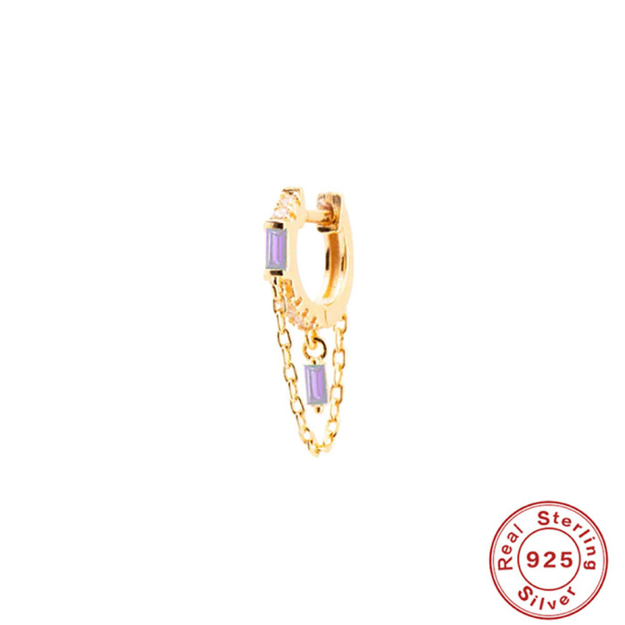 S925 Sterling Silver Geometric Tassel Chain Square Zircon Pendant Earrings Hoop Earrings European and American New Style Elegant Earrings for Women