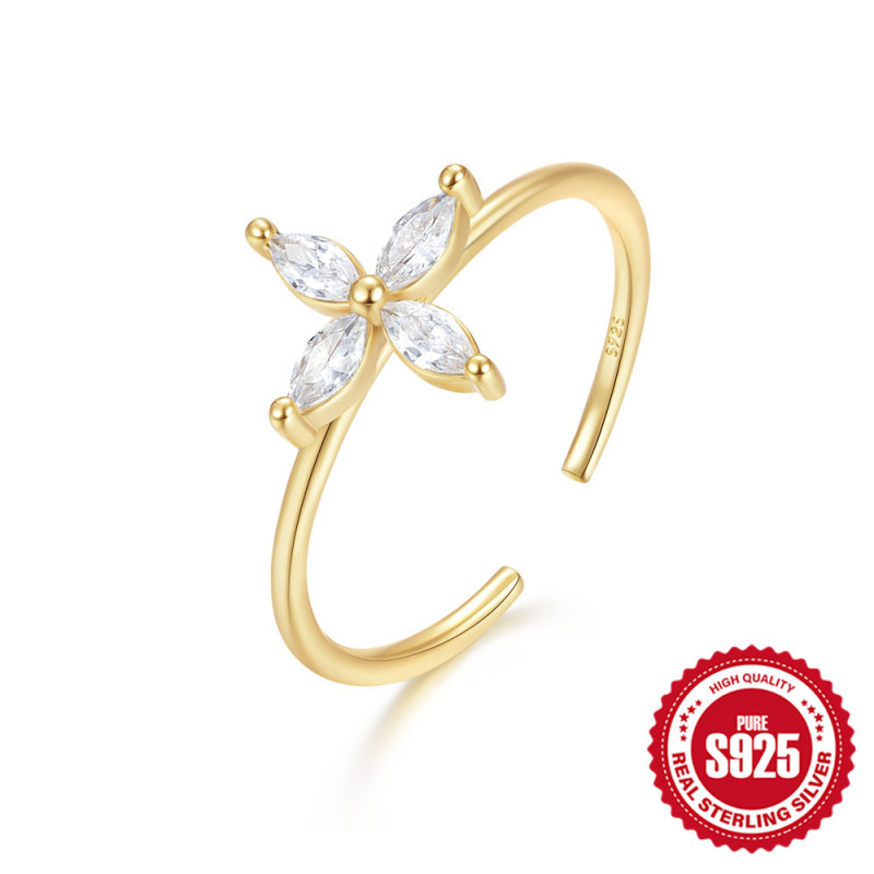 S925 Silver Ring Gold Plated Inlaid with Marquise Zircon Flower Shape Open Women's Ring European and American INS Internet Celebrity Same Style
