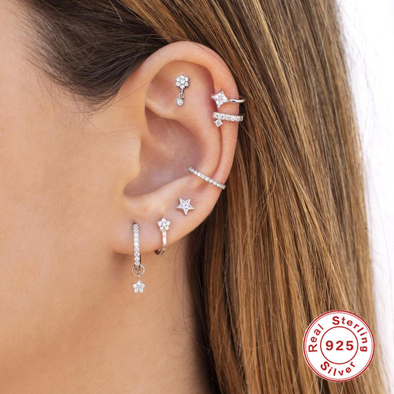 S925 Sterling Silver Geometric INS Style Piercing Ear Bone Stud Earrings European and American Bestselling Nose Ring Body Piercing Screw Jewelry