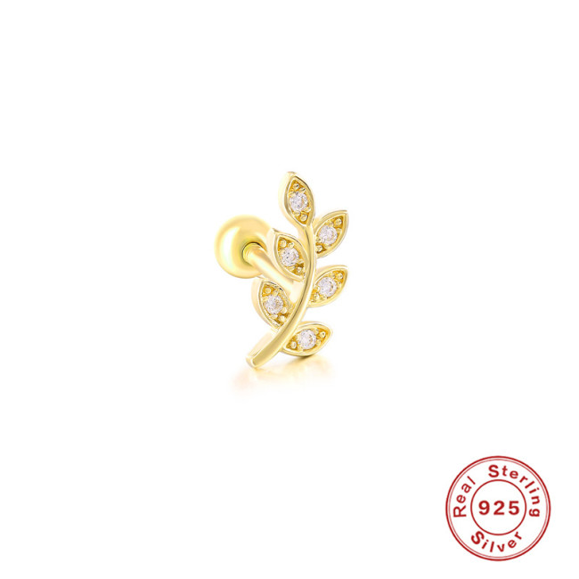 S925 Sterling Silver Leaf Micro Inlaid Piercing Jewelry Threaded Earrings Elegant Ear Bone Studs European and American Hot Selling Minimalist Style Ear Cartilage