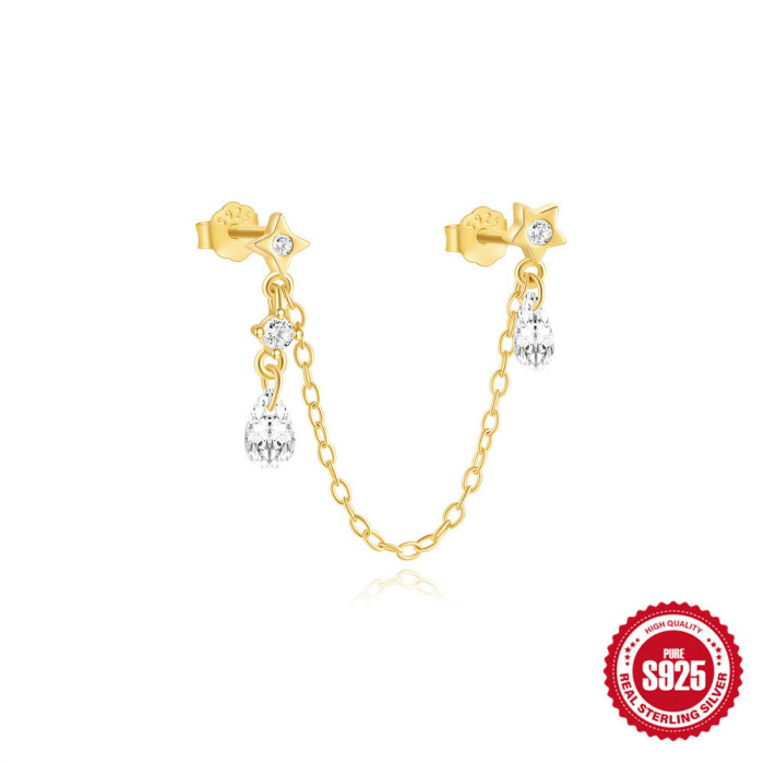 S925 Sterling Silver Four-Leaf Clover Tassel Chain Star Earrings Metal Smooth Hoop Amazon Bestselling Versatile Earrings