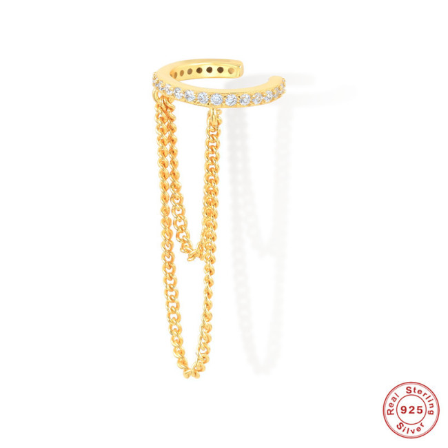 S925 Sterling Silver Single Row Diamond Double Layer Chain Tassel Ear Thread Ear Clip Ear Buckle European and American Best Selling Ins Ear Jewelry Earrings