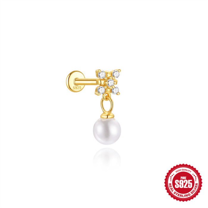 New S925 Sterling Silver Inlaid Diamond Opal Pearl Flat Head Piercing Internal Thread Ear Bone Stud Cross-Border Hot-Selling Earrings