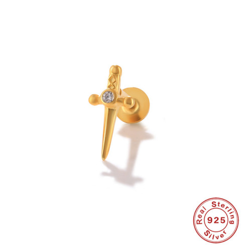 S925 Sterling Silver Dagger with Diamond Inlay Threaded Piercing Cartilage Earrings European and American Creative INS Accessories Personality Jewelry