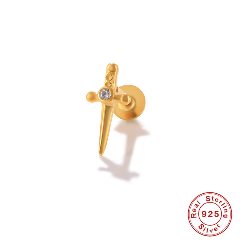 S925 Sterling Silver Dagger with Diamond Inlay Threaded Piercing Cartilage Earrings European and American Creative INS Accessories Personality Jewelry