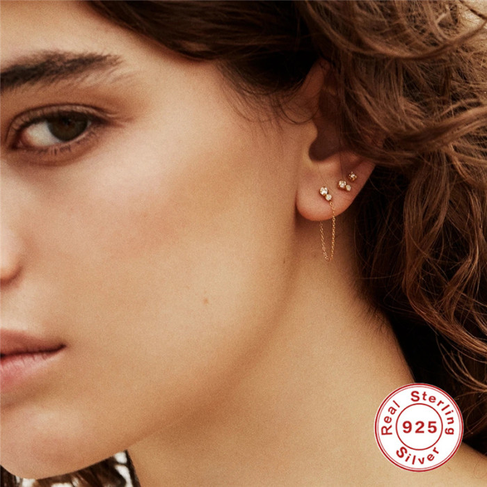 S925 Sterling Silver Asymmetric Chain Tassel Diamond Stud Earrings Hoop Earrings Cross-Border Hot-Selling Creative Earrings Set