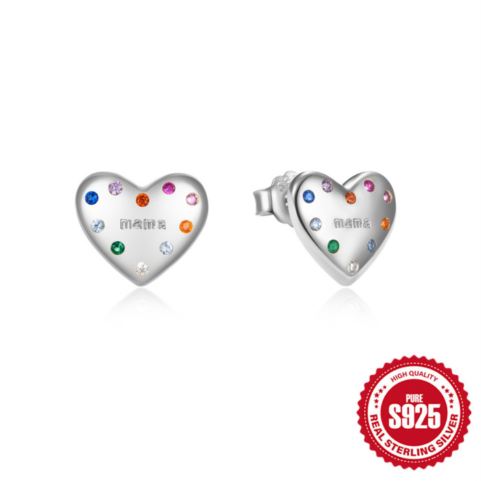 New 925 Sterling Silver Heart-Shaped Colorful Diamond Oil Drop Earrings European and American Hot-Selling Elegant Inlaid Diamond Mother's Day Earrings for Women