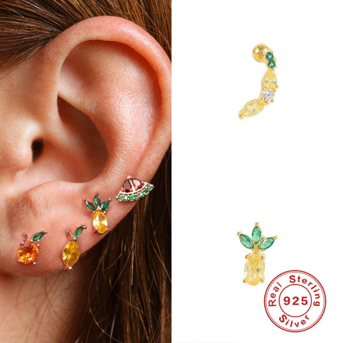 S925 Sterling Silver INS Style Fun Fruit Threaded Piercing Cartilage Earrings Korean Niche Lightweight Body Piercing Jewelry