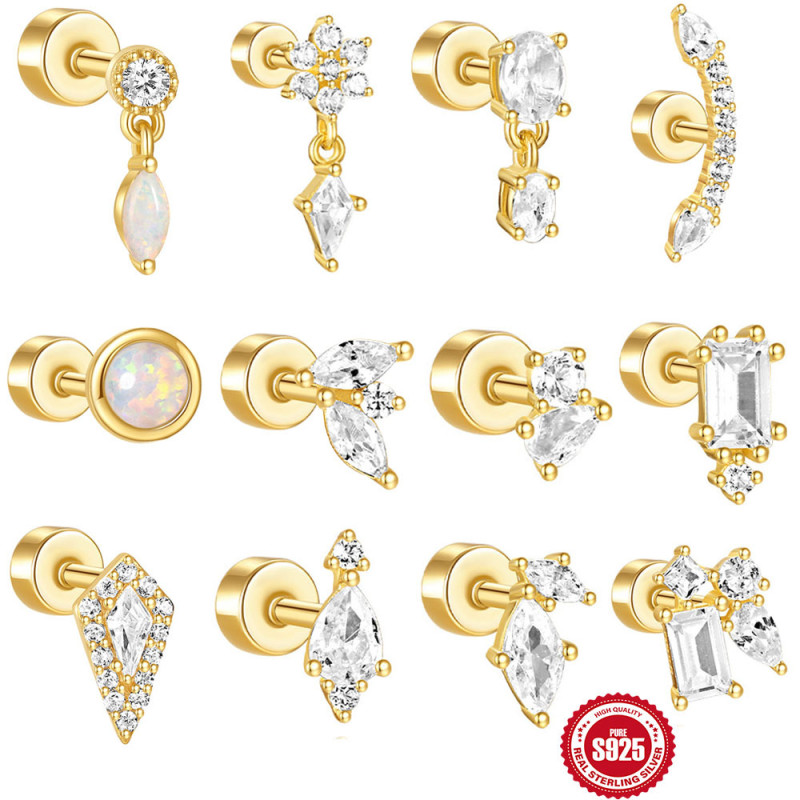 S925 Sterling Silver Flat Column Threaded Piercing Ear Bone Stud European and American Hot Selling Geometric Inlaid Diamond Opal Earrings Ear Jewelry
