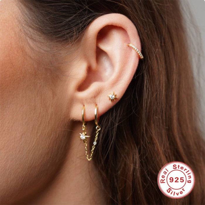 S925 Sterling Silver Mixed Chain Double-Wear Octagonal Diamond Hoop Earrings European and American Best-Selling Creative Single Earring