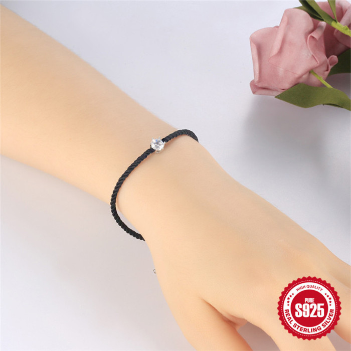 Classic Simple 925 Sterling Silver Couple Bracelet Single Stone-Inlaid Bracelet Suitable for Daily Wear Qixi Festiv...