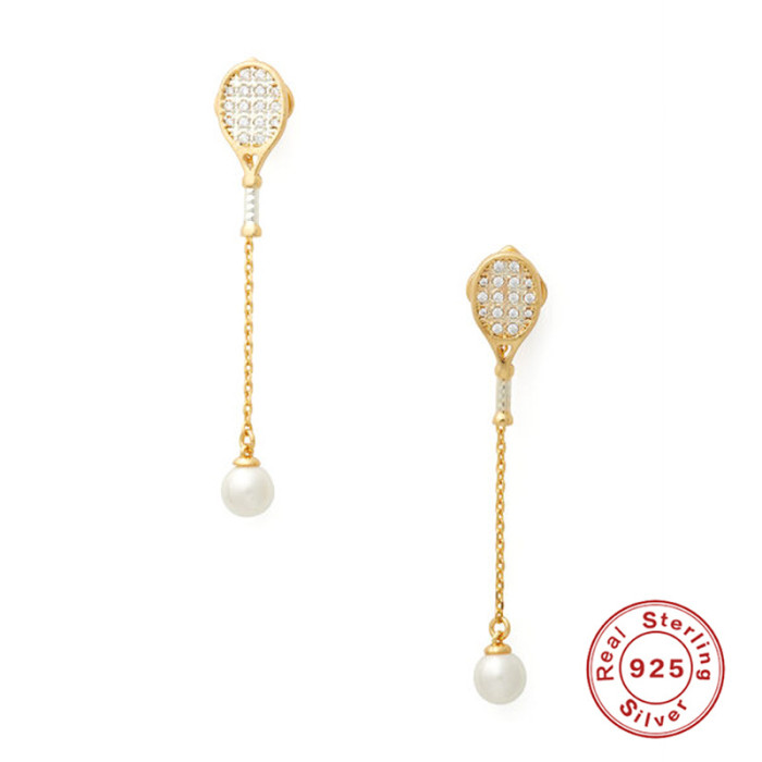 S925 Sterling Silver Creative Tennis Line Pearl Earrings Studs European and American Cross-Border Hot Selling Tassel Inlaid Diamond Earrings Accessories