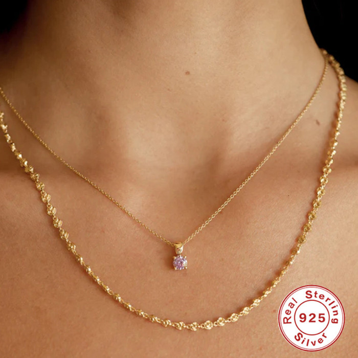 S925 Sterling Silver INS Style Simple Daily Matching Collarbone Chain European and American Hot Selling Monthly Birthstone Inlaid Diamond Necklace for Women