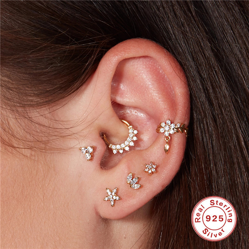 S925 Sterling Silver Double Row Diamond Nose Stud Nose Ring Ear Bone Stud Small Earrings Women's Earrings Hot Selling Piercing Jewelry on AliExpress