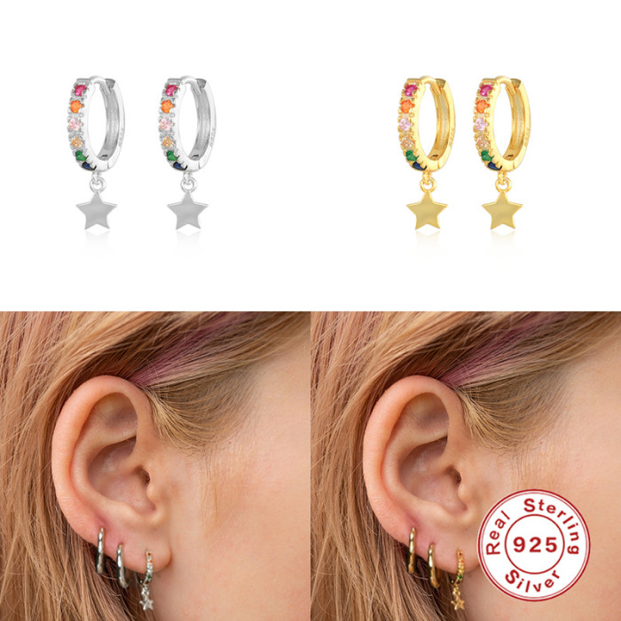 S925 Sterling Silver Colorful Zircon Five-Pointed Star Pendant Hoop Earrings European and American INS Cross-Border Fashion Trendy Ear Cuffs Ear Jewelry