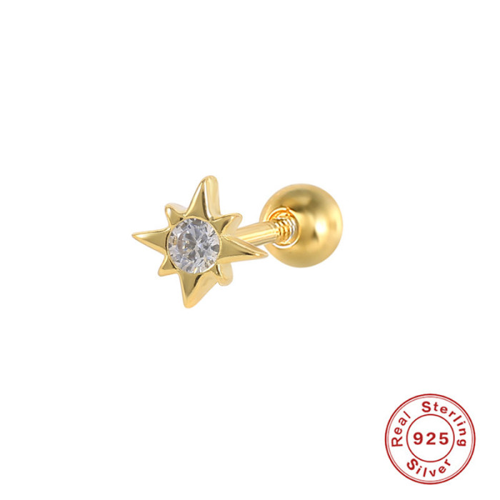 S925 Sterling Silver Octagonal Star Pattern Inlaid Diamond Piercing Single Earring Cross-Border Bestselling Minimalist Trendy Ear Bone Stud Earrings