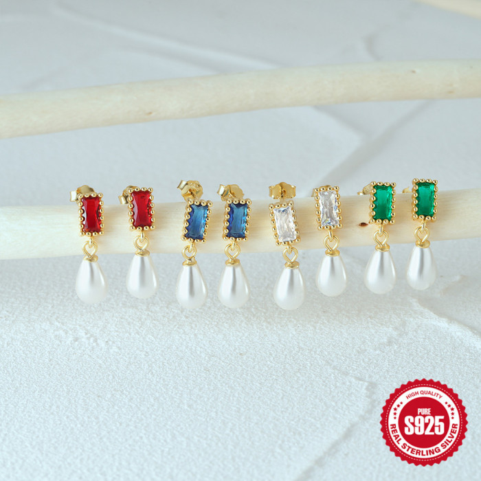 925 Sterling Silver Square Colorful Inlaid Diamond Pearl Earrings Studs European American French Style Light Luxury Elegant Super Shiny Earrings for Women