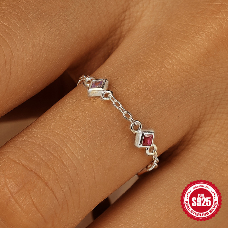 S925 Sterling Silver Chain Open Ring with Inlaid Diamonds, Light Luxury Small Square Gold Edge, Color-Block Matching Pendant Adjustable Ring