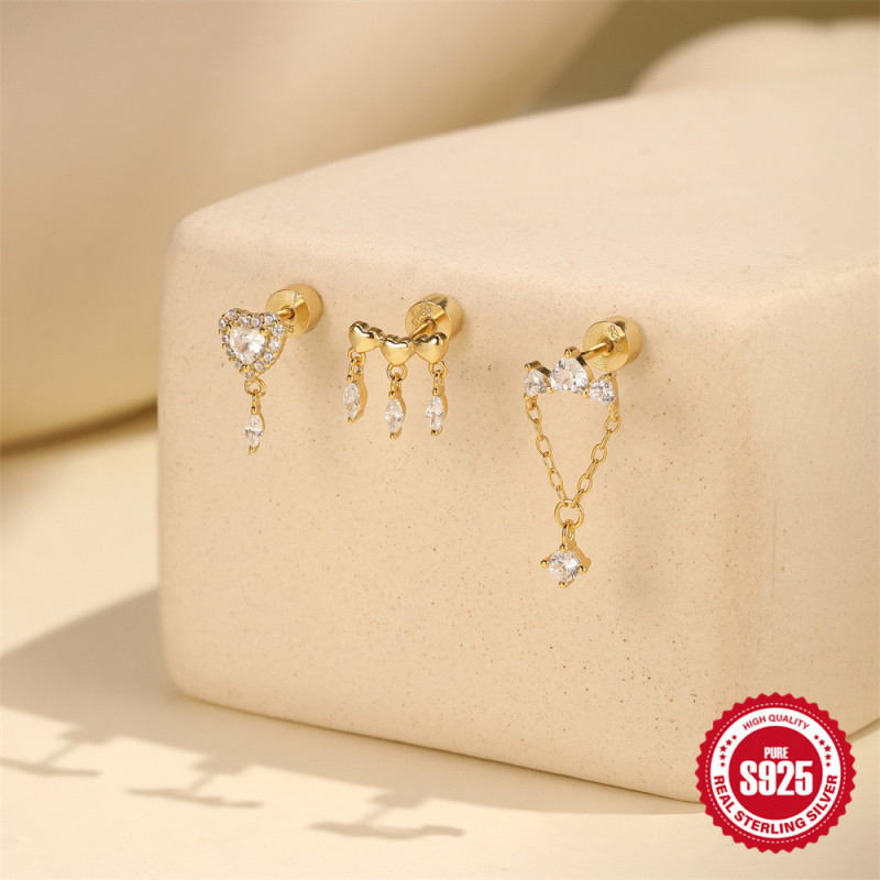 S925 Sterling Silver Horse Eye Heart-Shaped Diamond-Studded Round Column Threaded Piercing Ear Bone Stud European and American Hot-Selling Elegant Personality Ear Jewelry