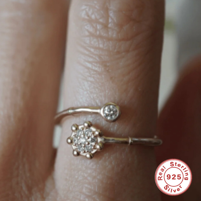 S925 Sterling Silver Creative Versatile Bamboo Petal Open Ring European and American Style Personality Diamond-Encrusted INS Light Luxury Elegant Ring