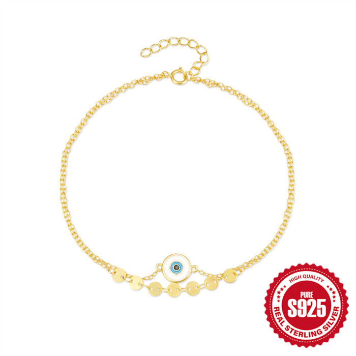 S925 Sterling Silver Devil's Eye Oil Drop Double Layer Anklet for Women, European and American Hot-Selling Elegant Summer Beach Anklet Jewelry