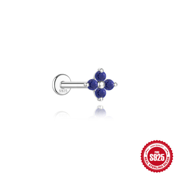 S925 Sterling Silver Geometric Inlaid Natural Lapis Lazuli Flat Head Threaded Piercing Ear Bone Stud New Hot-Selling High-End Earrings