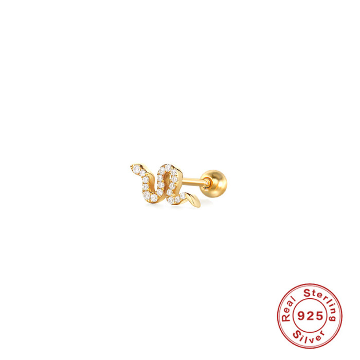 S925 Sterling Silver Mini Snake Diamond-Studded Piercing Threaded Earrings Ear Jewelry European and American Trendy INS Style Creative Ear Bone Studs