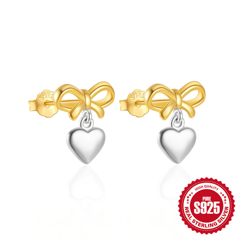 New S925 Sterling Silver Bowknot Color-Block Heart Stud Earrings Korean and Japanese Style Elegant Versatile Daily Wear Earrings for Women