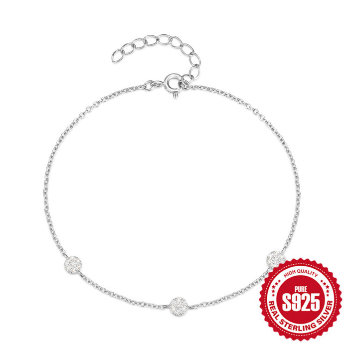 S925 Sterling Silver Three Round Plates Inlaid with Stones Daily Matching Women's Bracelet Korean Style Internet Ce...