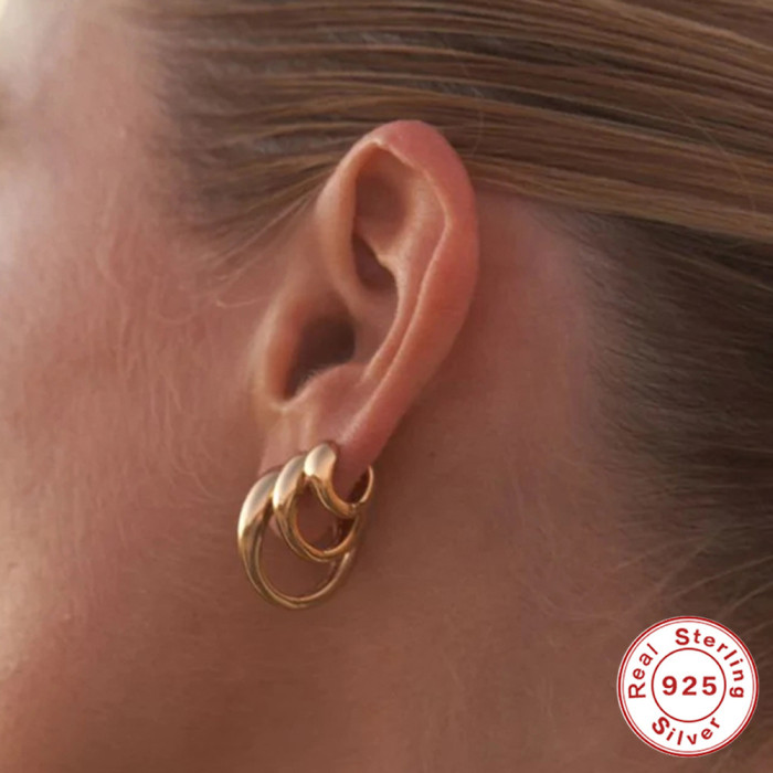 S925 Sterling Silver Geometric Fat Head Versatile Hoop Earrings Korean Style Hot-Selling Smooth Surface INS Style Minimalist Earrings for Women