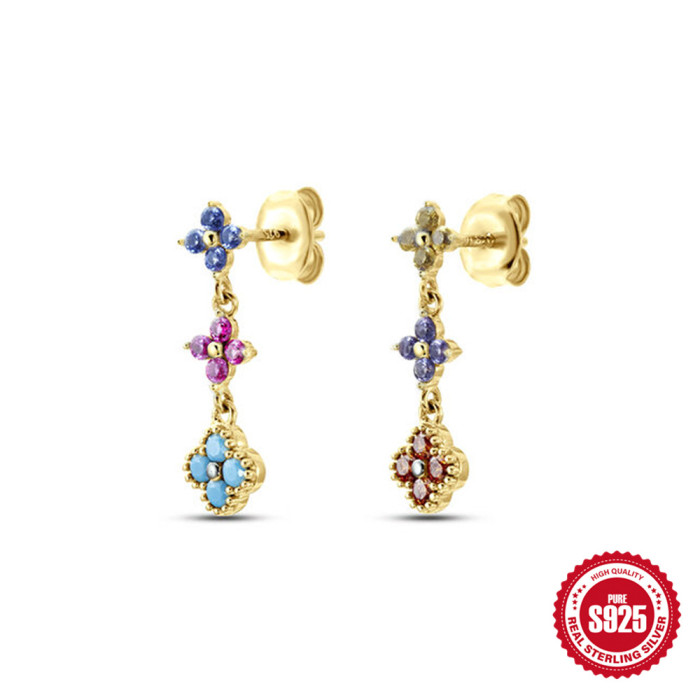 S925 Sterling Silver Colorful Inlaid Diamond Flower Stud Earrings for Women European and American Fashion Simple Ins Style Pure Silver Earrings Cross-Border